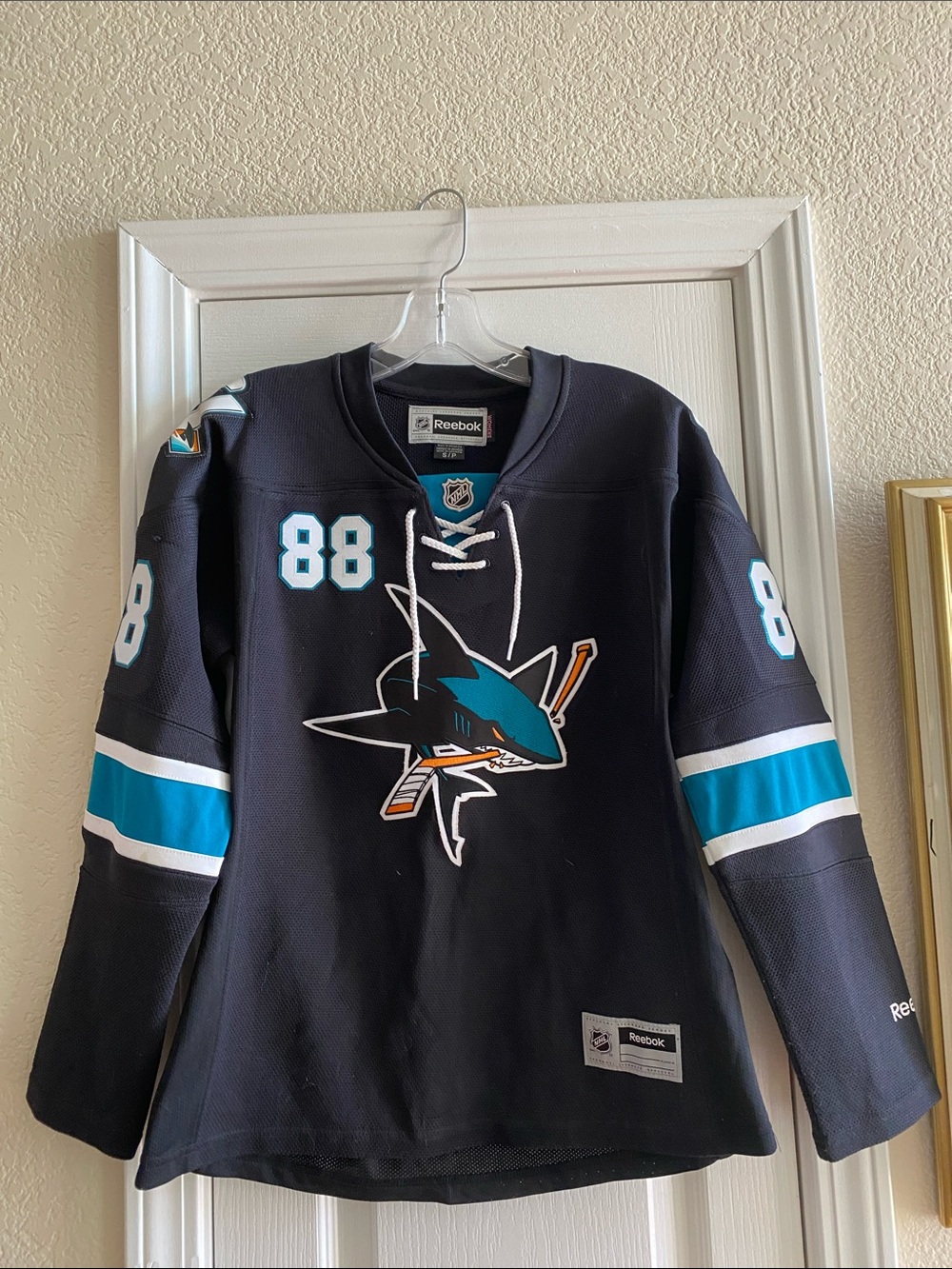 Reebok Black & Teal San Jose Sharks #88 Hockey Jersey Small petite women’s